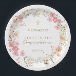 Assiettes En Carton couronne fleurie Première communion sainte<br><div class="desc">Plaques papier de la première sainte communion</div>