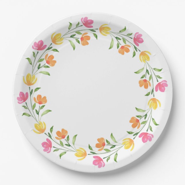 Assiettes En Carton Couronne florale aquarelle jaune, orange, rose  (Devant)