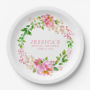 Assiettes En Carton Couronne florale aquarelle rose pour la douche de