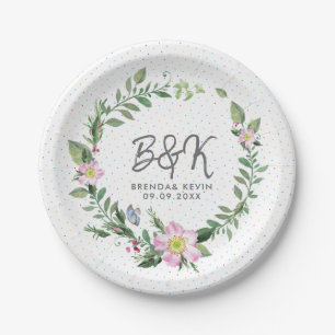 Assiettes En Carton Couronne florale de rose de chien rose et vert