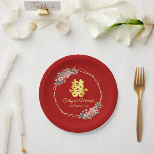 Assiettes En Carton Couronne florale géométrique en or rouge mariage c