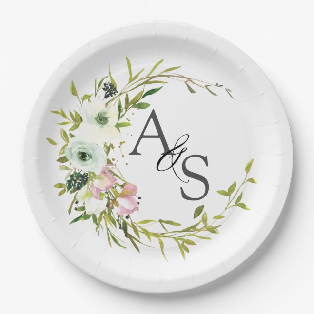 Assiettes En Carton Couronne florale monographique Blush & White (Devant)