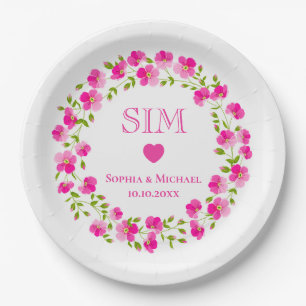 Assiettes En Carton Couronne florale rose élégante, monogramme de mari