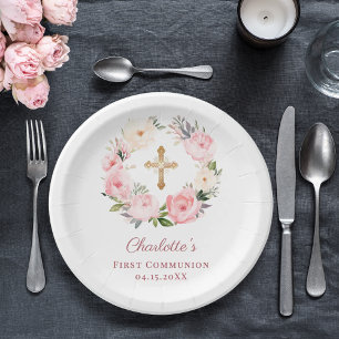 Assiettes En Carton Couronne florale rose pour la Première Communion