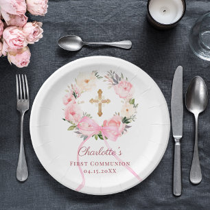Assiettes En Carton Couronne florale rose pour la Première Communion