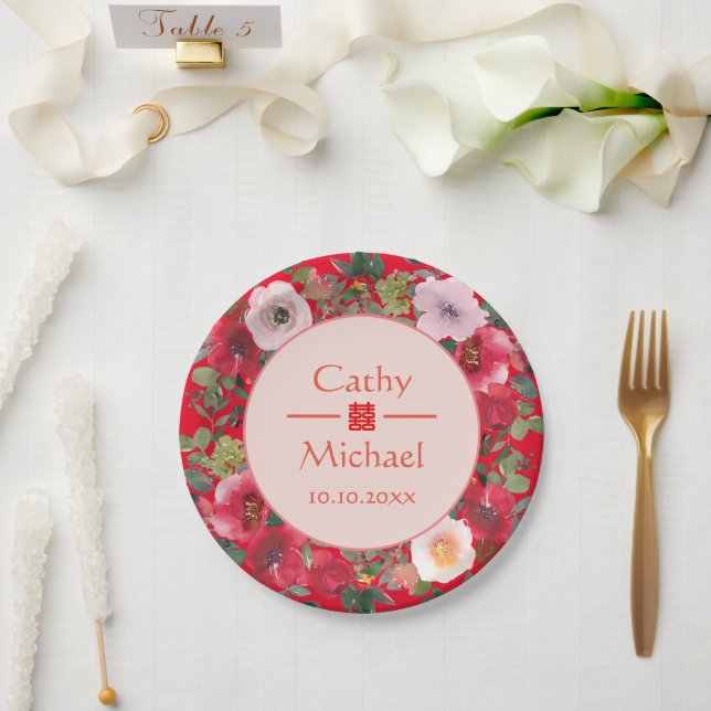 Assiettes En Carton Couronne florale rouge mariage chinois moderne (Mariage)