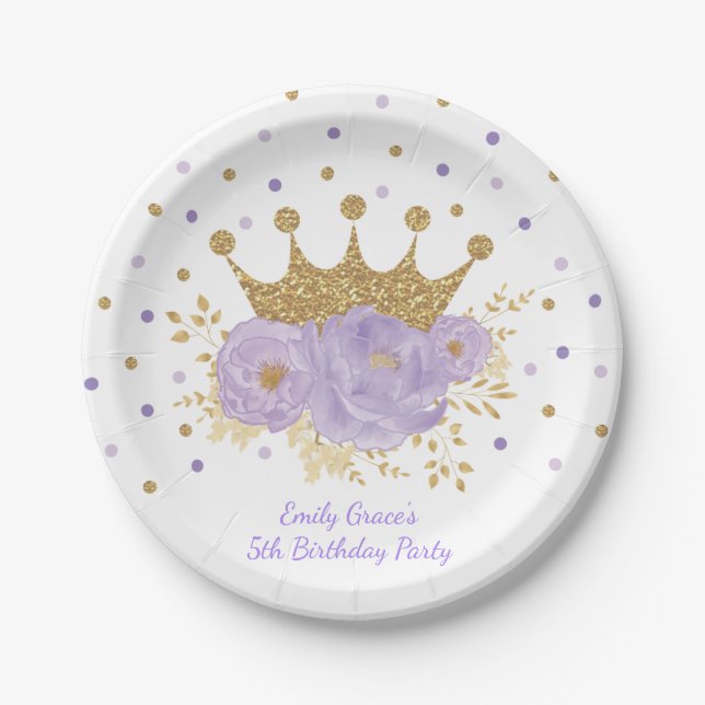 Assiettes En Carton Couronne or violet Floral Royal Princess (Devant)