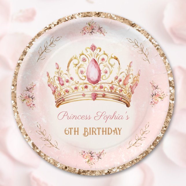 Assiettes En Carton Couronne princesse rose Parties scintillant floral (Crown Princess Pink Floral Glitter Gold Birthday Paper Plates)
