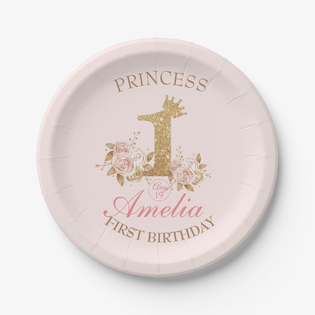 Assiettes En Carton Couronne rose princesse 1er anniversaire (Devant)