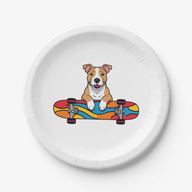 Assiettes En Carton Couteau Bull Terrier sur skateboard (Devant)