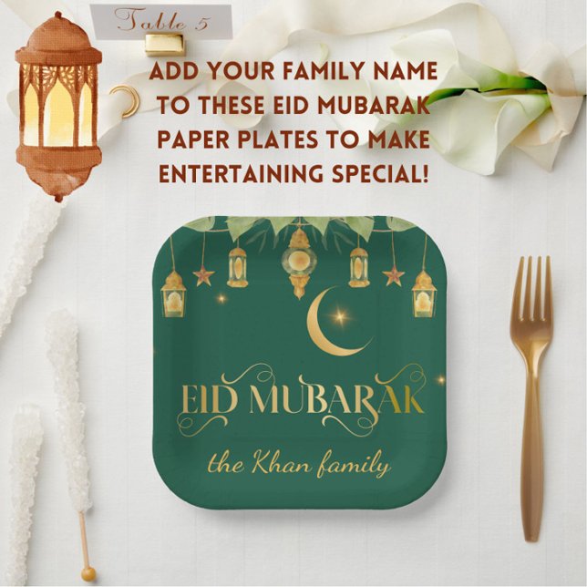 Assiettes En Carton Coutume "Aïd Moubarak" Lanternes Vertes En Or + Lu (Make Eid extra special with these festive, elegant green + gold "Eid Mubarak" family name plates!)