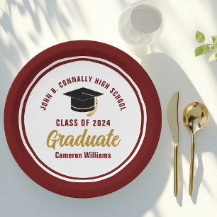 Assiettes En Carton Coutume Maroon Gold Graduate 2025 Graduation Party