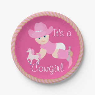 Assiettes En Carton Cow-girl de bébé avec les plats roses de partie de