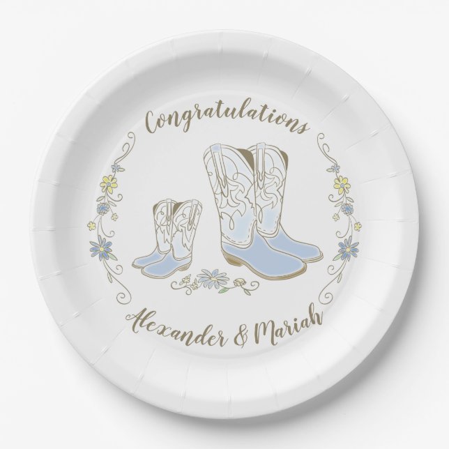 Assiettes En Carton Cowboy Baby shower Pays Western Blue Boy (Devant)
