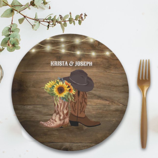 Assiettes En Carton Cowboy Boots Sunflower Western Wedding Favoriser (Cowboy Boots Sunflower Western Wedding Favor Paper Plates)