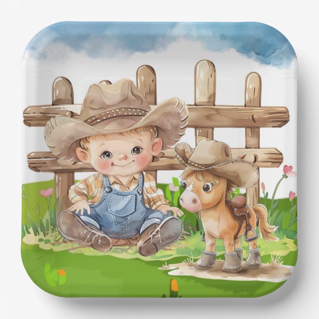 Assiettes En Carton Cowboy et un Baby shower de garçon de cheval poney (Recto)