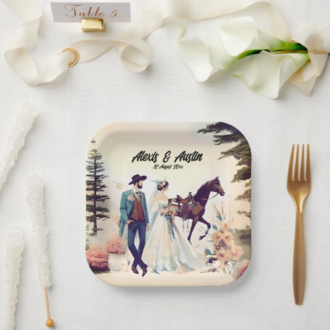 Assiettes En Carton Cowboy, mariée et Mariage du cheval (Mariage)