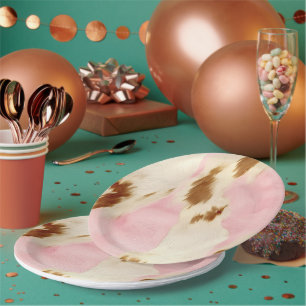 Assiettes En Carton Cowgirl Crème rose Brown Cowhide Or Monogramme