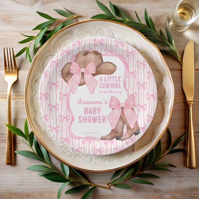 Assiettes En Carton Cowgirl rose arc ruban filles baby shower (Cowgirl pink bow ribbon coquette western girls baby shower personalized paper plates cowgirl decor)