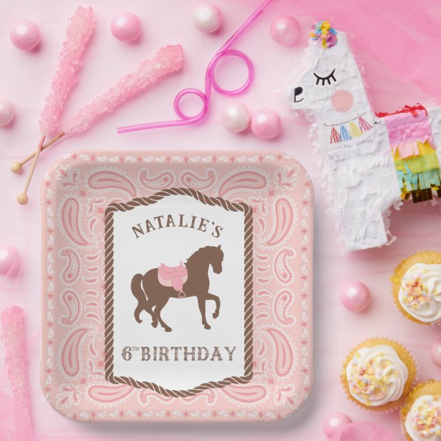 Assiettes En Carton Cowgirl rose | Horse Silhouette 6e anniversaire (Fête)