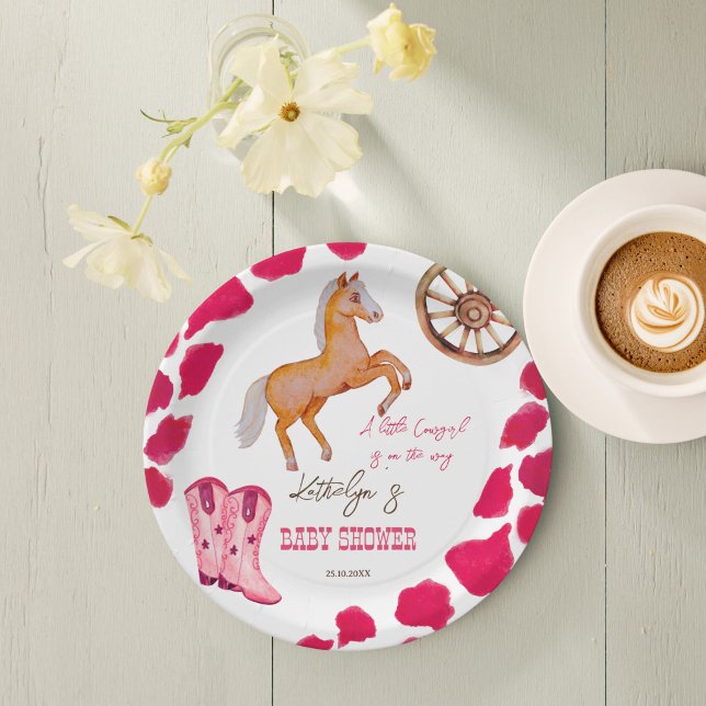 Assiettes En Carton Cowgirl western rodeo mignon baby shower rose (Cowgirl western rodeo baby shower pink customized paper plates cute baby horse personalized plates)