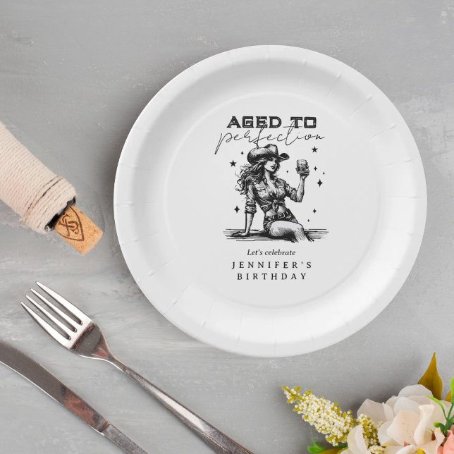 Assiettes En Carton Cowgirl White Aged to Perfection Birthday Party  (Créateur téléchargé)