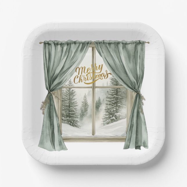 Assiettes En Carton Cozy Merry Christmas Paper Plate  Winter Window (Recto)