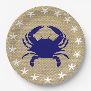 Assiettes En Carton Crabe bleu et plage nautique "toile de jute "