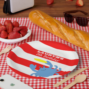 Assiettes En Carton Crabe bleu nautique rouge personnalisé