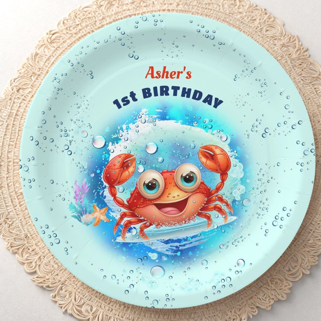 Assiettes En Carton Crabe Pool Bleu 1er anniversaire fête Garçon âge p (Crab Pool Blue 1st Birthday Party Boy Custom Age Paper Plates)