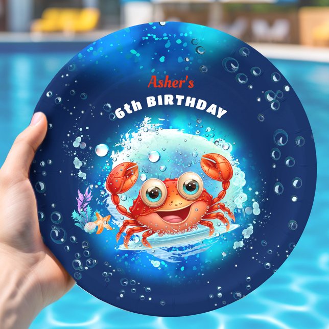 Assiettes En Carton Crabe Pool Marine Bleu Anniversaire Fête Garçon âg (Crab Pool Navy Blue Birthday Party Boy Custom Age Paper Plates)