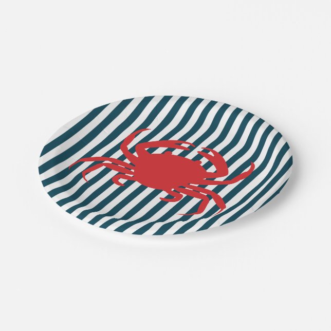 Assiettes En Carton Crabe rouge sur les rayures nautiques (Angle)
