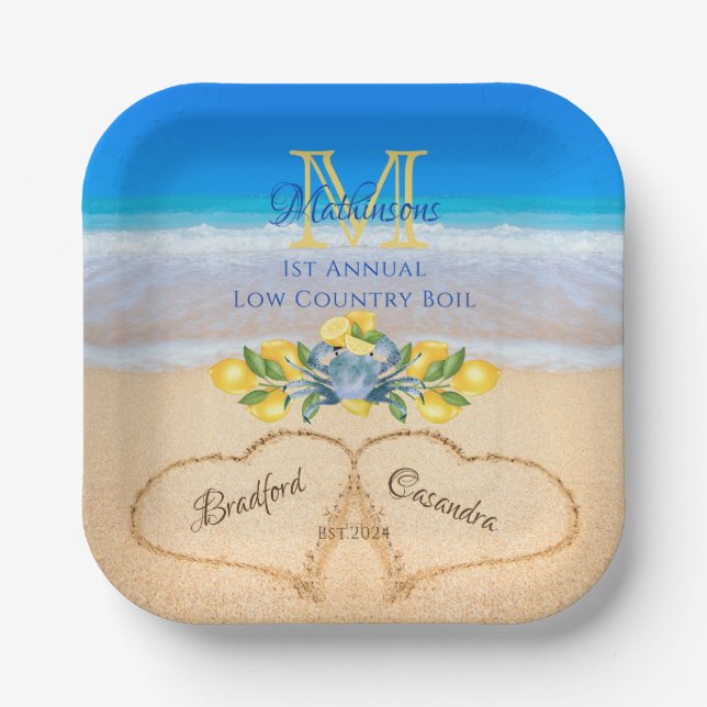 Assiettes En Carton Crabes et Citron Coeurs Mariages dans le sable (Recto)
