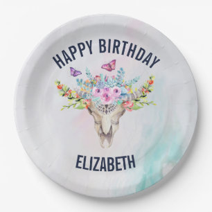 Assiettes En Carton Crâne animal Boho avec papillons et fleurs