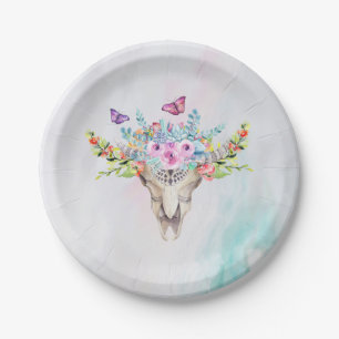 Assiettes En Carton Crâne animal Boho avec papillons et fleurs