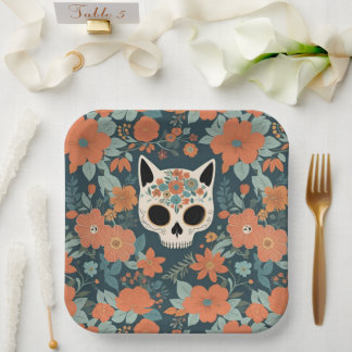 Assiettes En Carton Crâne de chat Orange Floral Vert foncé