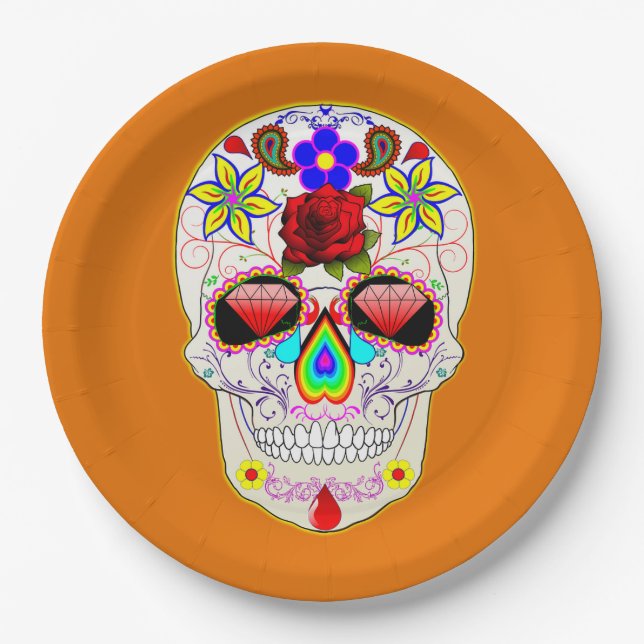 Assiettes En Carton Crâne de sucre Jour de l'art mexicain des morts (Devant)