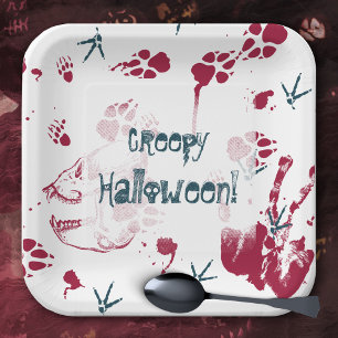 Assiettes En Carton Crâne Effrayant Traces de Sang Fête d'Halloween