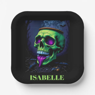 Assiettes En Carton crâne hanté vert néon gothique nuit halloween