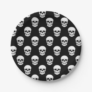 Assiettes En Carton Crâne noir et blanc motif Halloween effrayant