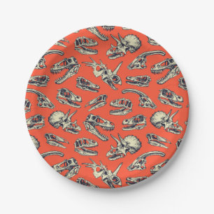 Assiettes En Carton Crânes de dinosaures orange et marine
