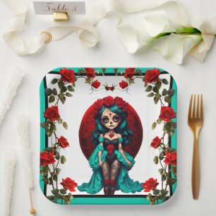Assiettes En Carton Crânes de sucre sarcelles et roses