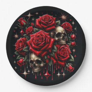 Assiettes En Carton Crânes d'Or & Roses Rouges Étincelants Glamour Got