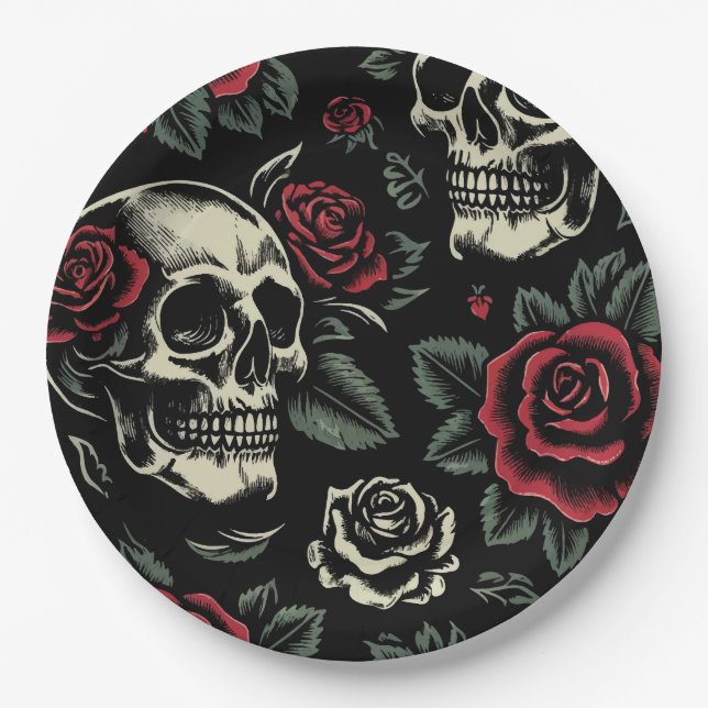 Assiettes En Carton Crânes et roses rouges florale gothique  (Devant)