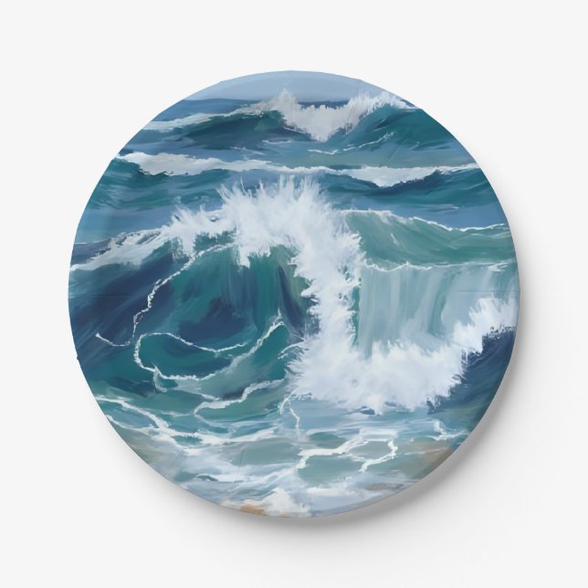 Assiettes En Carton Crashing Ocean Waves | Coastal Blue Watercolor (Devant)