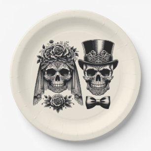 Assiettes En Carton Cream Black & Gold Vintage Skeleton Mariage