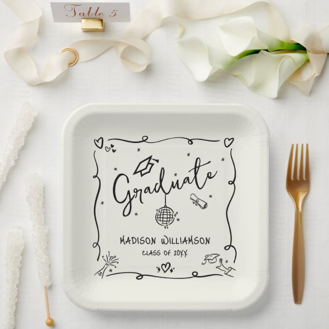 Assiettes En Carton Cream Black Hand Drawn Doodles Graduation Quirky (Mariage)