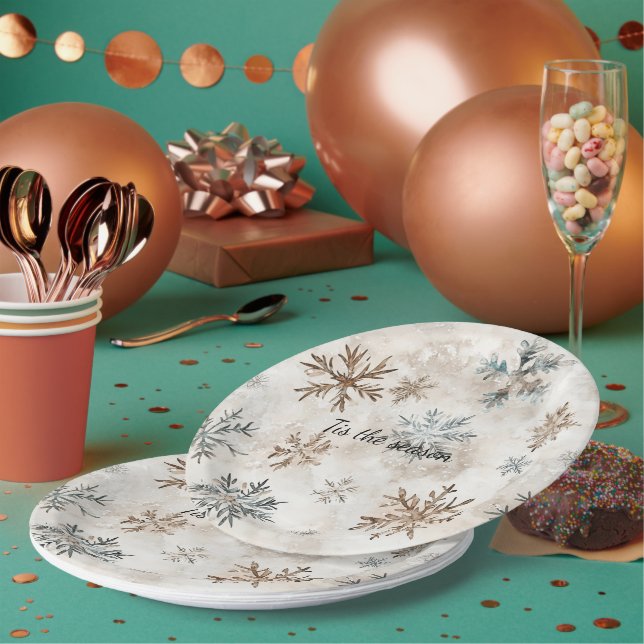 Assiettes En Carton Cream Blue Brown Snowflakes Christmas (Multi)
