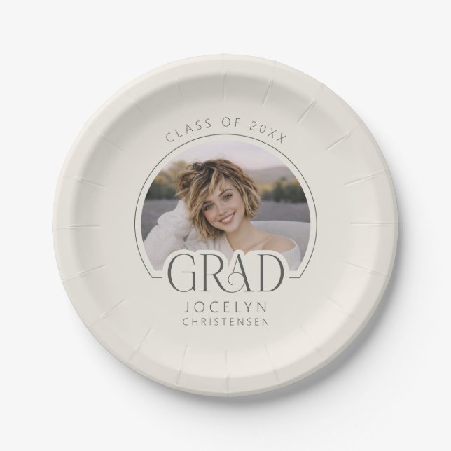 Assiettes En Carton Cream Charcoal Personalized Photo Grad Party (Devant)