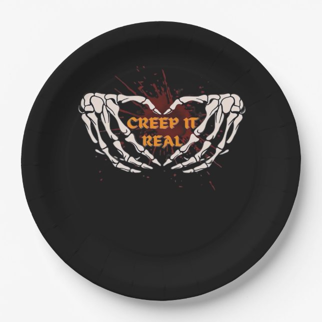 Assiettes En Carton Creep It Real, Skeleton Mains Montrant Le Coeur (Devant)